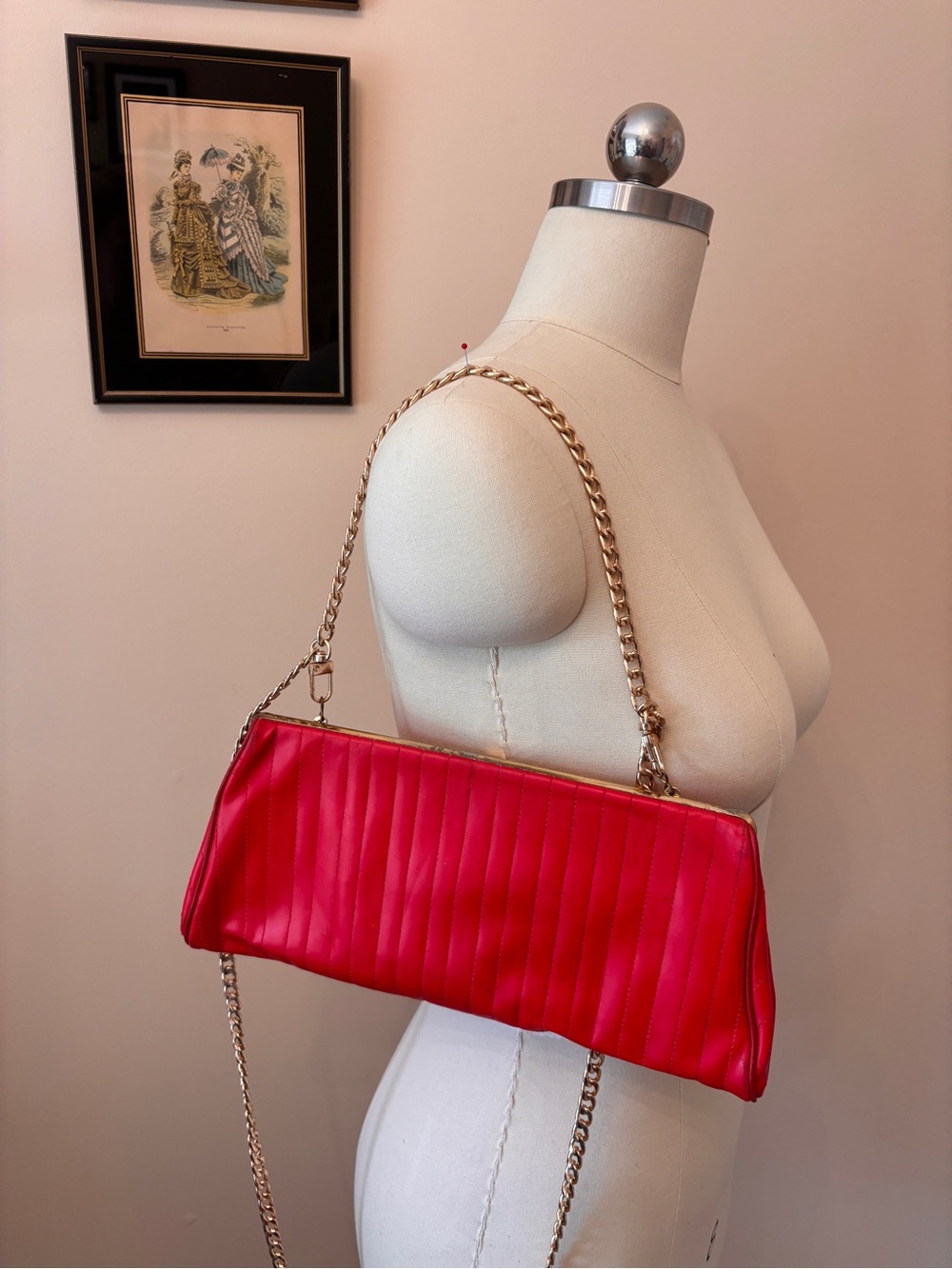 Vintage Red leather clutch with double chain strap.